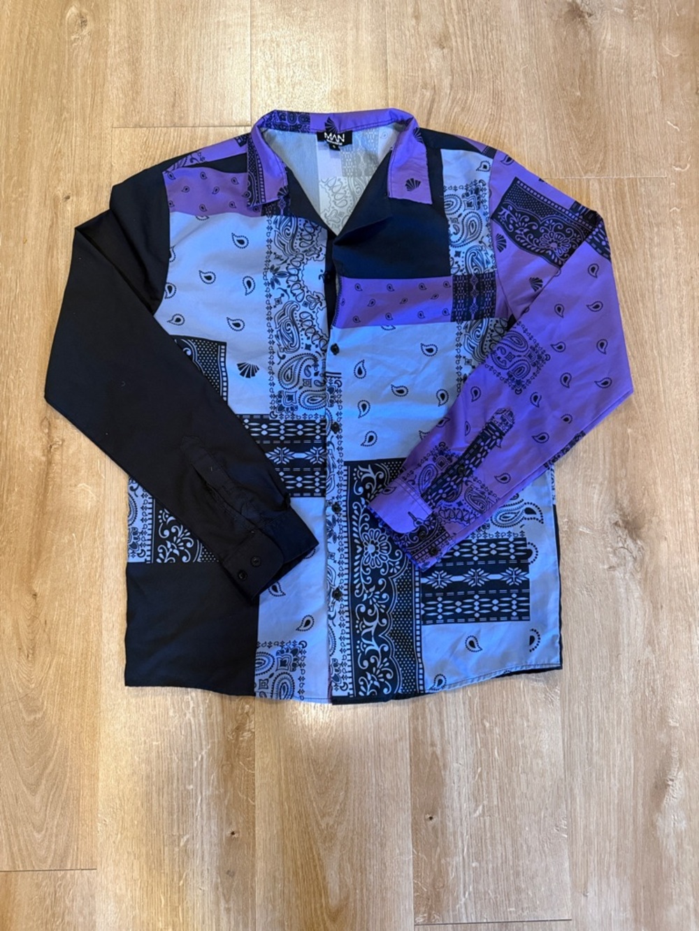 Boohoo Mens Black, Purple & Light Blue Patchwork Button Down Shirt